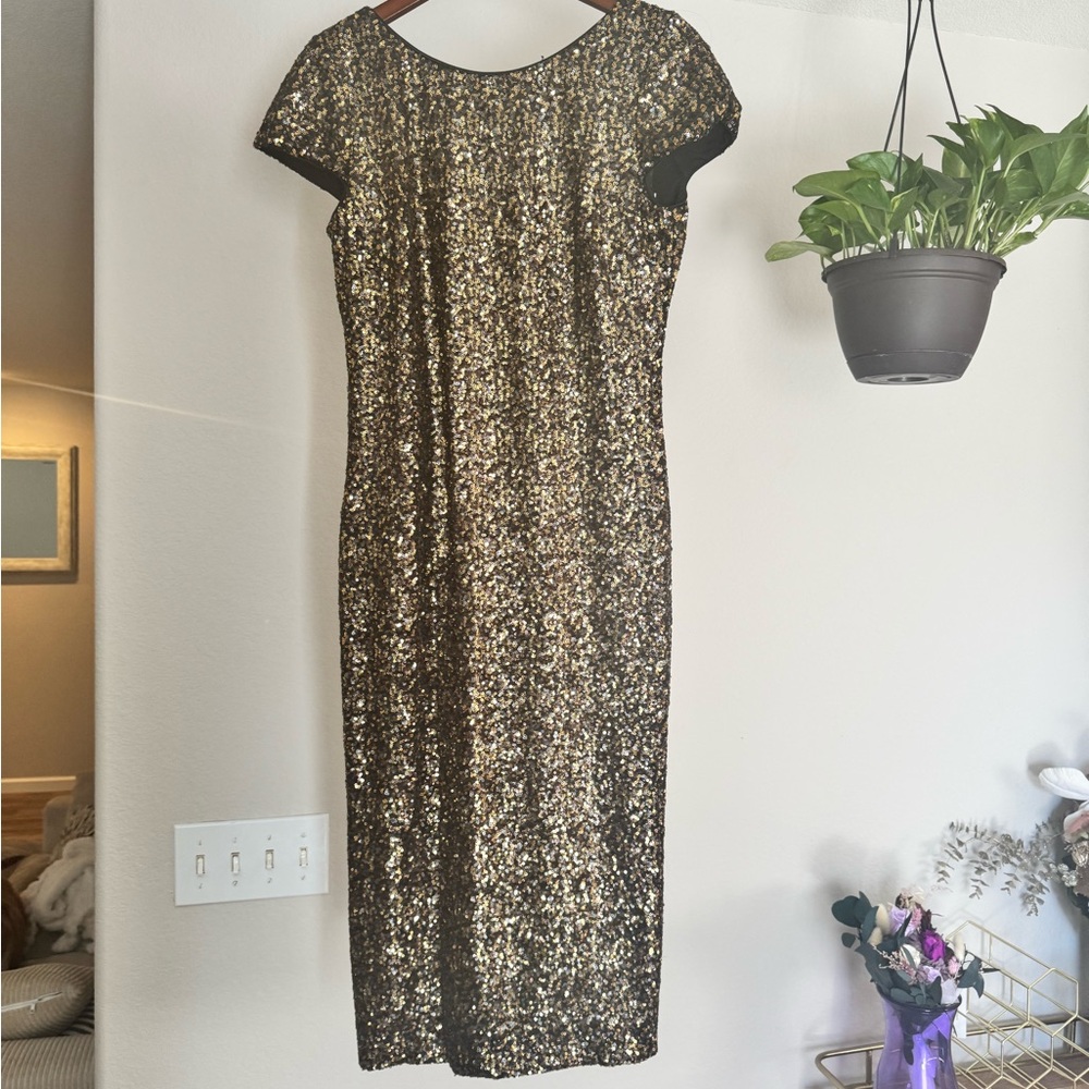 Dress the Population Black and Gold Sequin Midi Dress